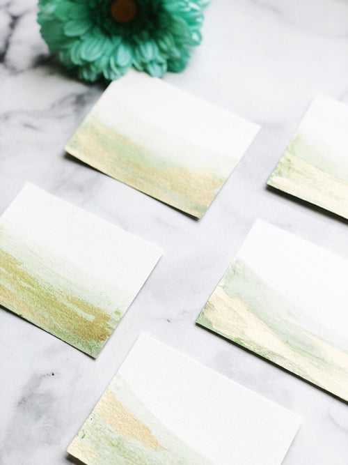 Blank Green Watercolor Wash Wedding Place Cards with Gold Accents