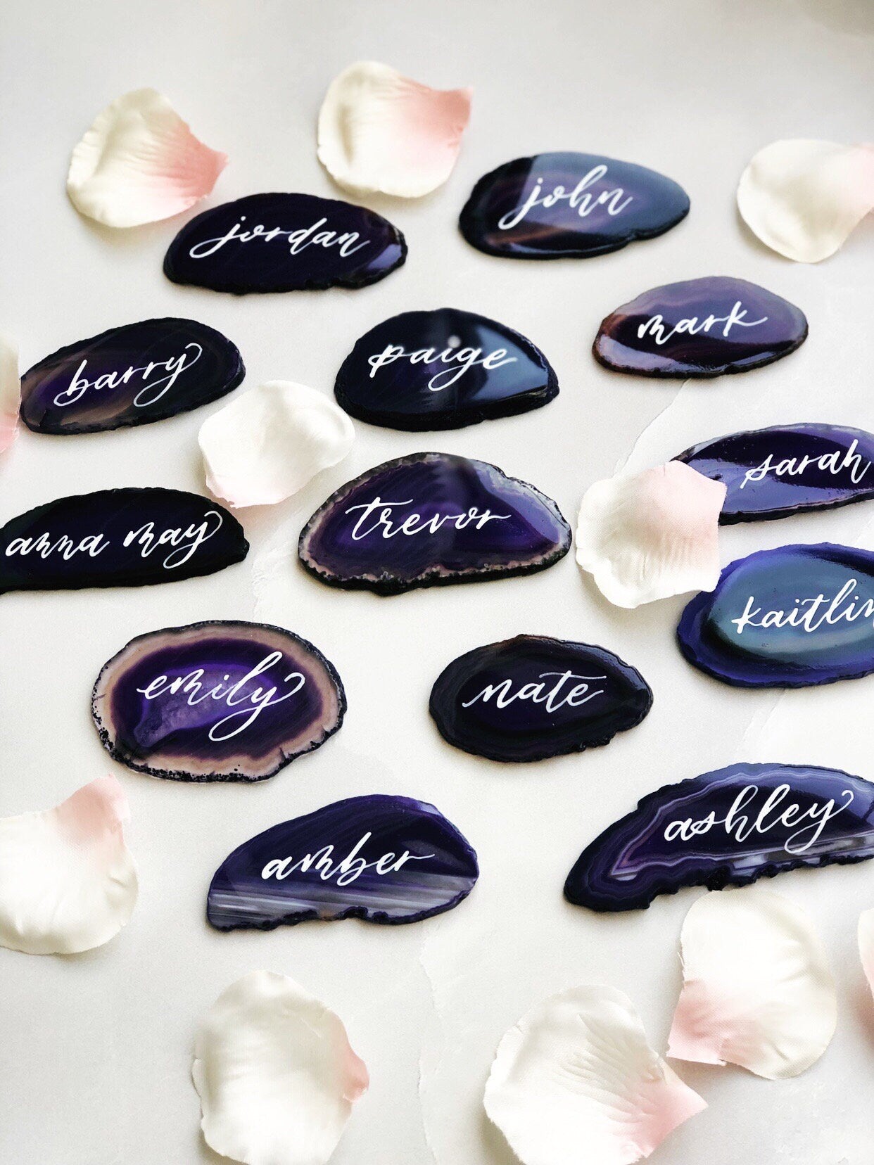 2.5" - 3" Purple Agate Slice Calligraphy Name Place Cards | Agate Calligraphy Name Cards