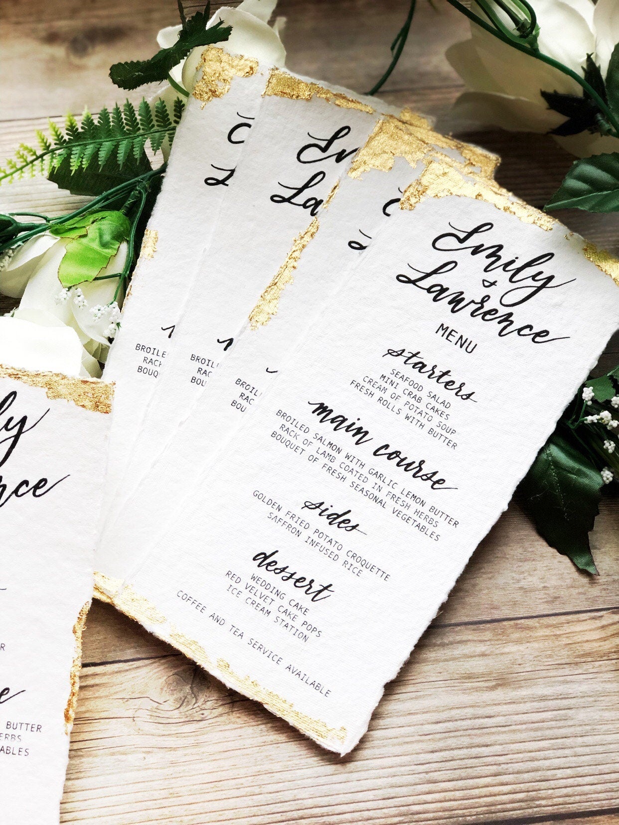 Deckled Edge Cotton Paper Wedding Menu Card | Cotton Rag Paper Gold Edge Accents