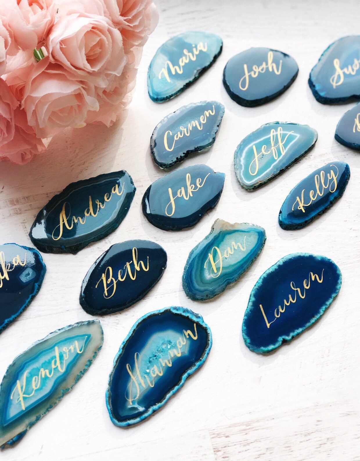2.5" - 3" Teal Agate Slice Calligraphy Name Place Cards | Agate Calligraphy Name Cards