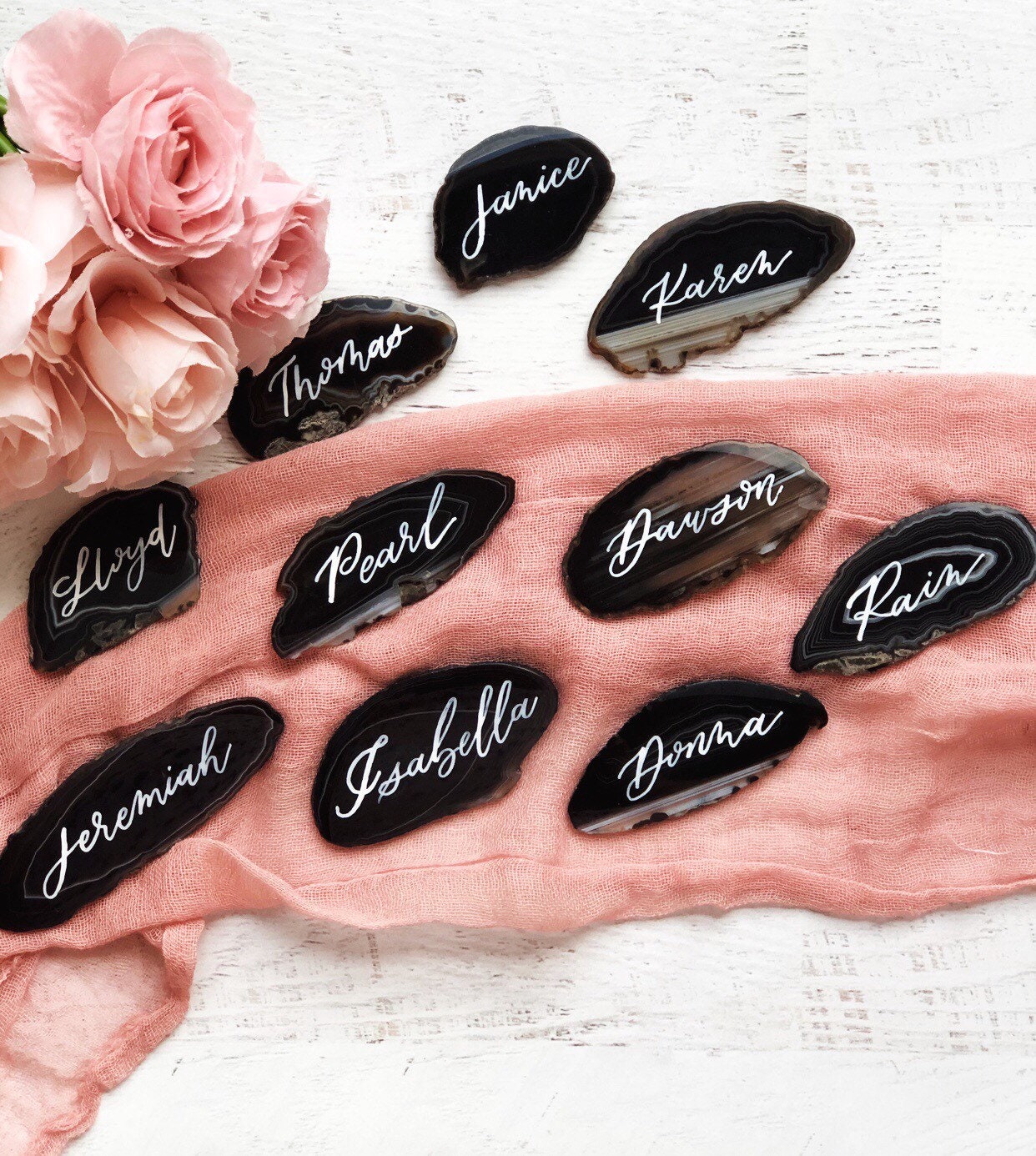 2.5" - 3" Black Agate Slice Calligraphy Name Place Cards | Agate Calligraphy Name Cards