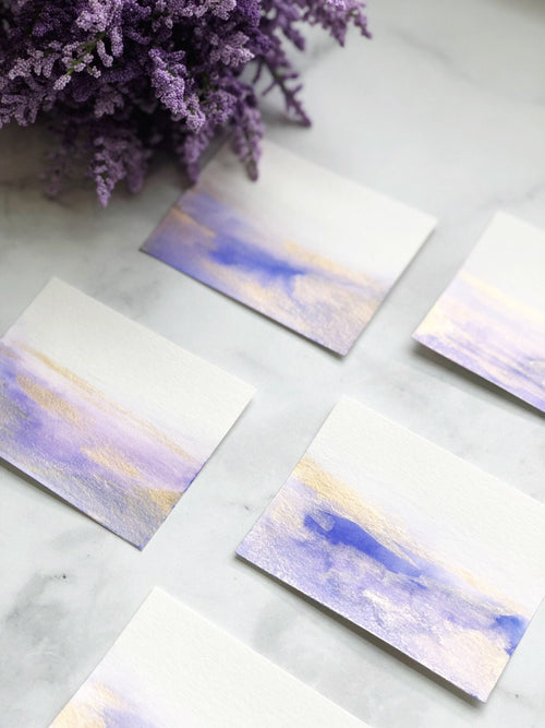 Blank Purple Watercolor Wash Wedding Place Cards with Gold Accents
