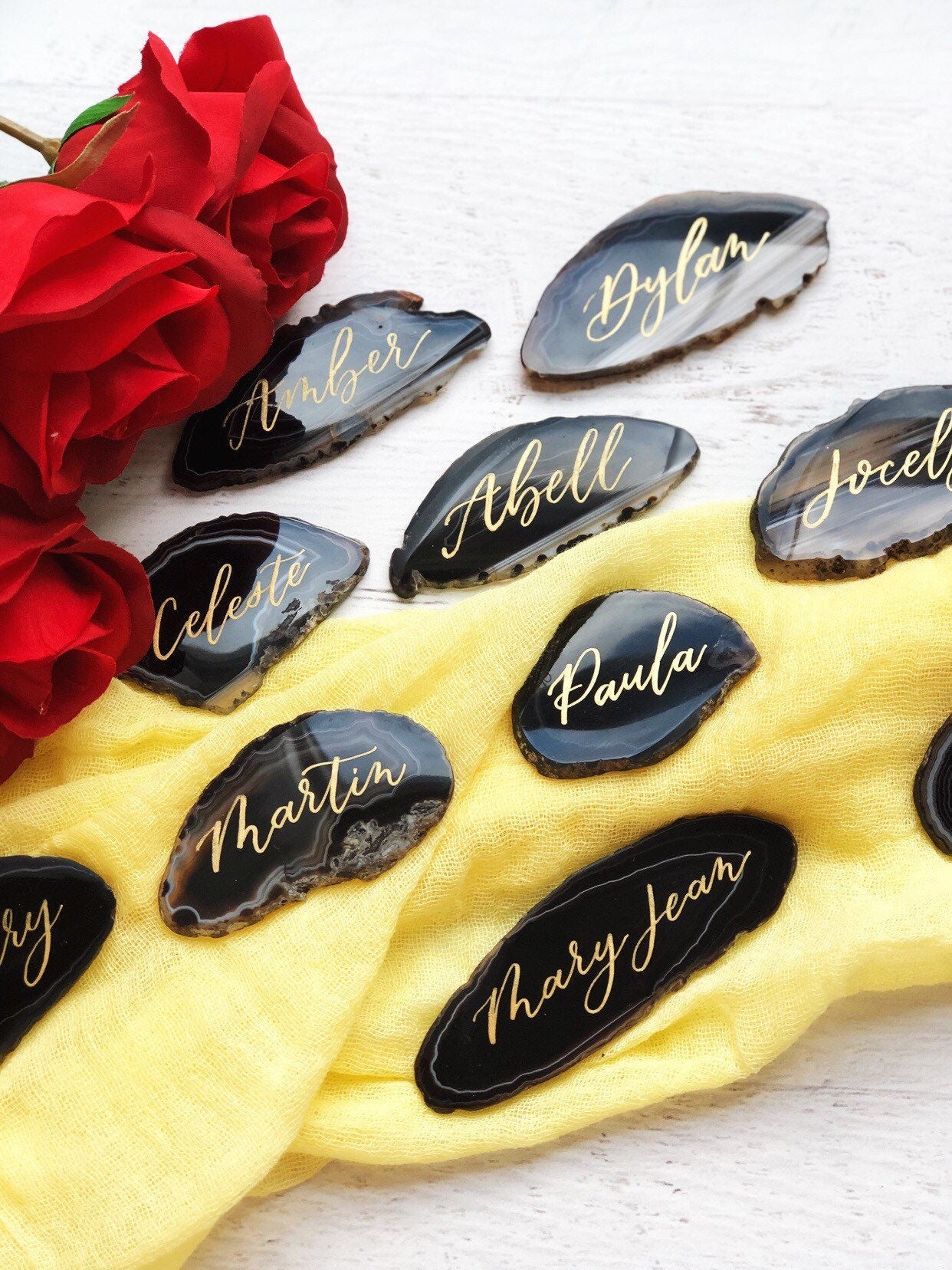 3"-3.5" Extra Large Black Agate Slice Calligraphy Name Place Cards | Agate Calligraphy Name Cards