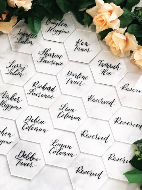 Hexagon Acrylic Wedding Place Cards | Hexagon Back Painted Acrylic Wedding Place Cards Escort Cards