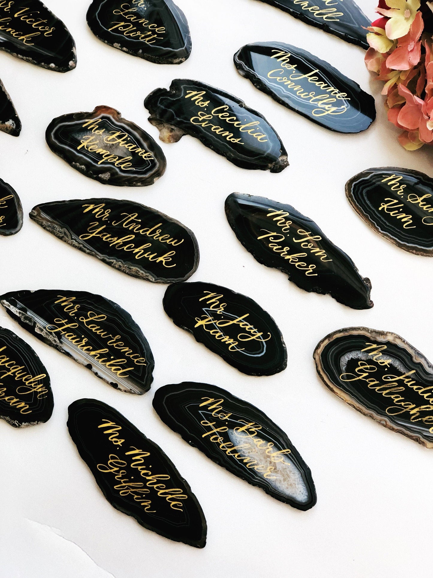 2.5" - 3" Black Agate Slice Calligraphy Name Place Cards | Agate Calligraphy Name Cards
