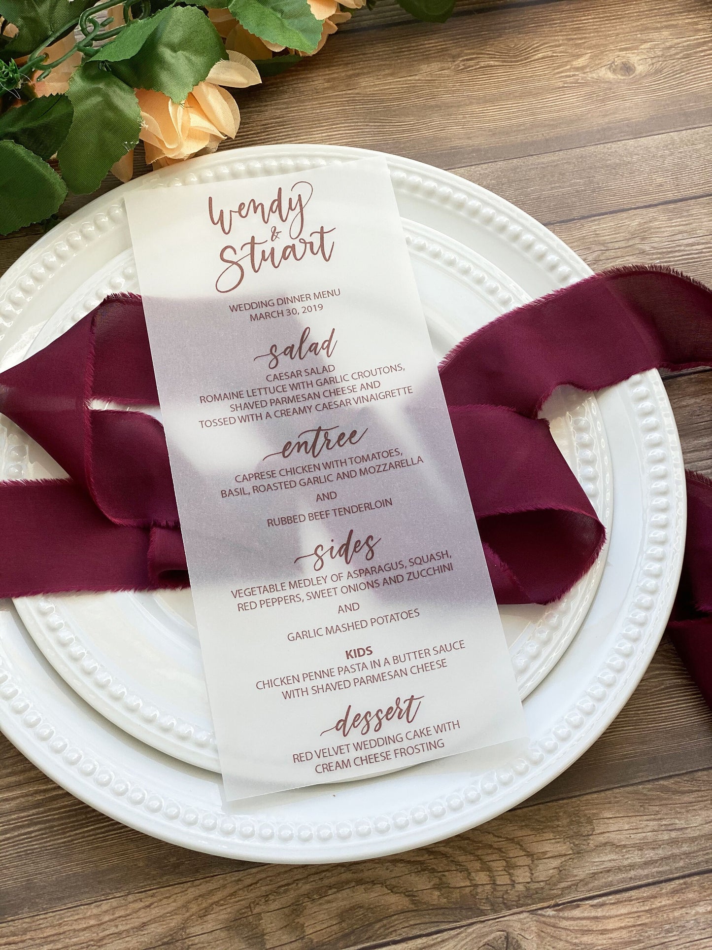 Vellum Wedding Menu | Vellum Wedding Menu with Meal Choice Wax Seal | Modern Calligraphy Vellum Menu | Pack of 20 Vellum Wedding Menu