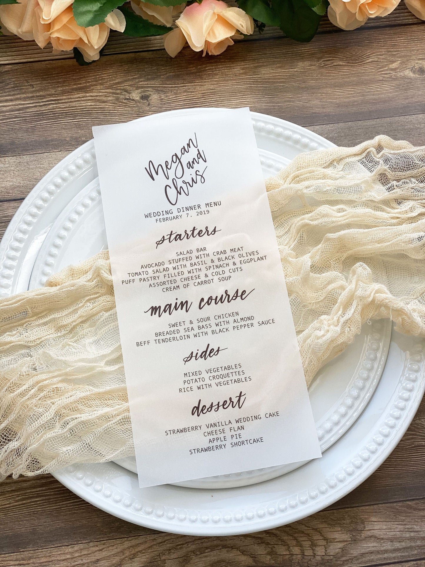 Vellum Wedding Menu | Vellum Wedding Menu with Meal Choice Wax Seal | Modern Calligraphy Vellum Menu | Pack of 20 Vellum Wedding Menu