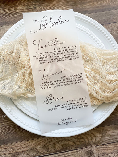 Vellum Wedding Menu | Vellum Wedding Menu with Meal Choice Wax Seal | Modern Calligraphy Vellum Menu | Pack of 20 Vellum Wedding Menu