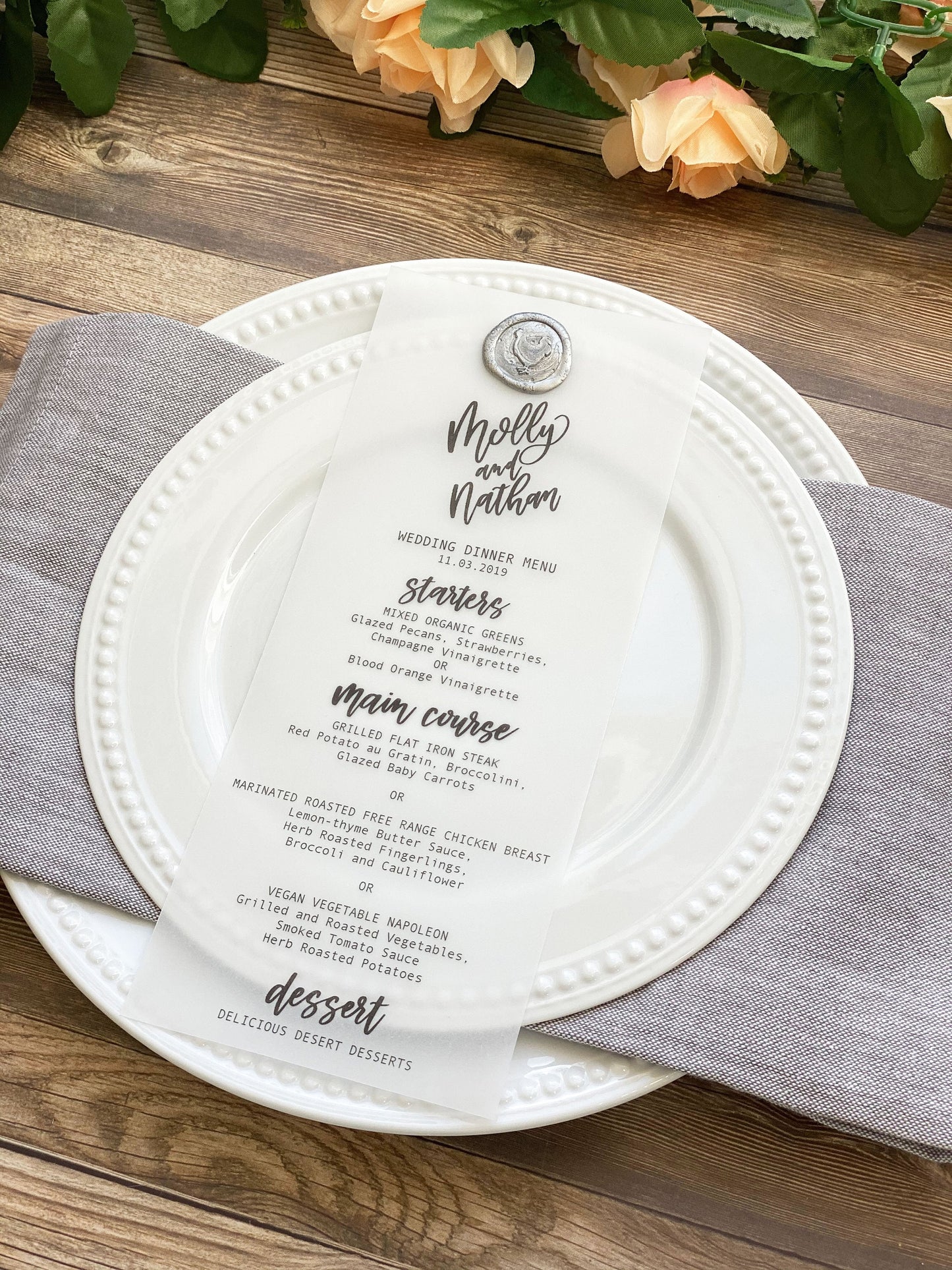 Vellum Wedding Menu | Vellum Wedding Menu with Meal Choice Wax Seal | Modern Calligraphy Vellum Menu | Pack of 20 Vellum Wedding Menu