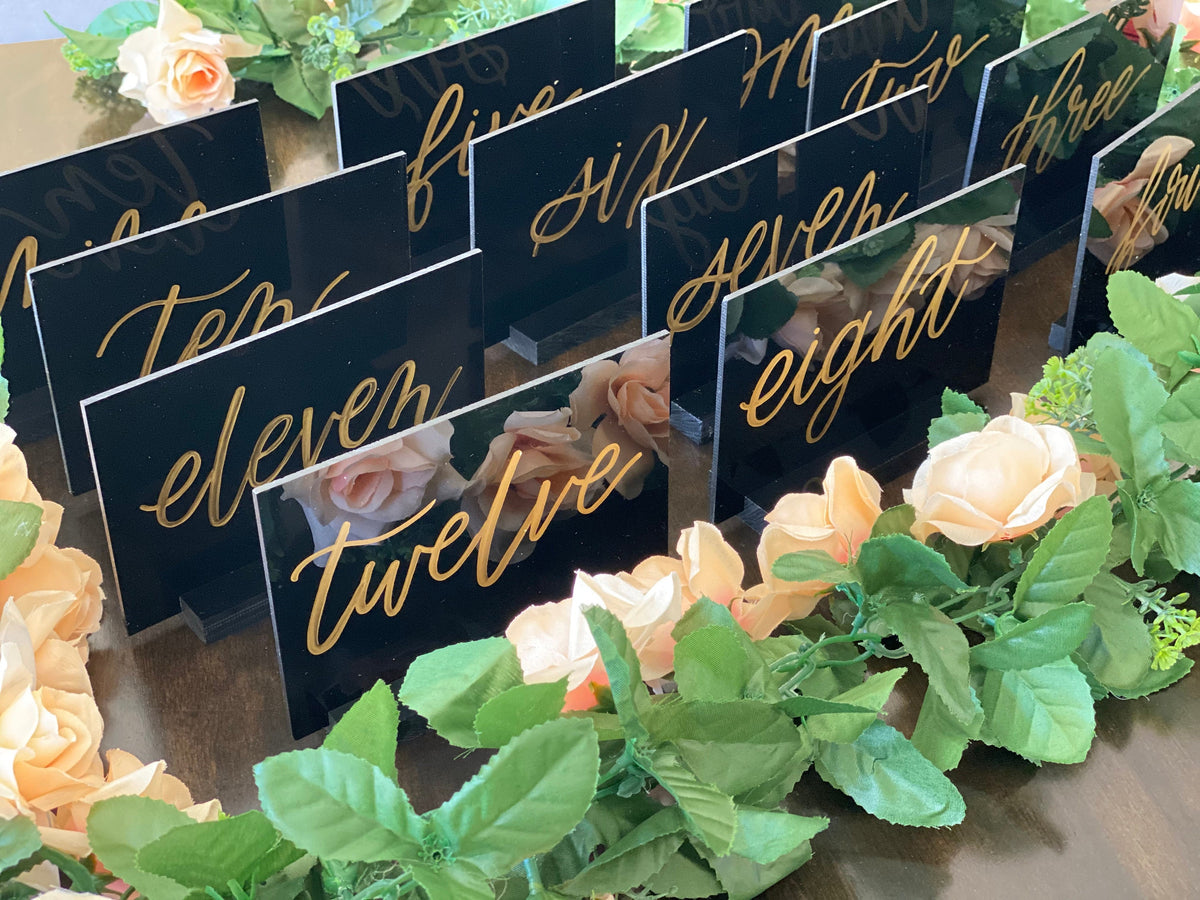 Calligraphy Table Sign Black Acrylic Wedding Table Number Sign | Black Acrylic Calligraphy Ta ...