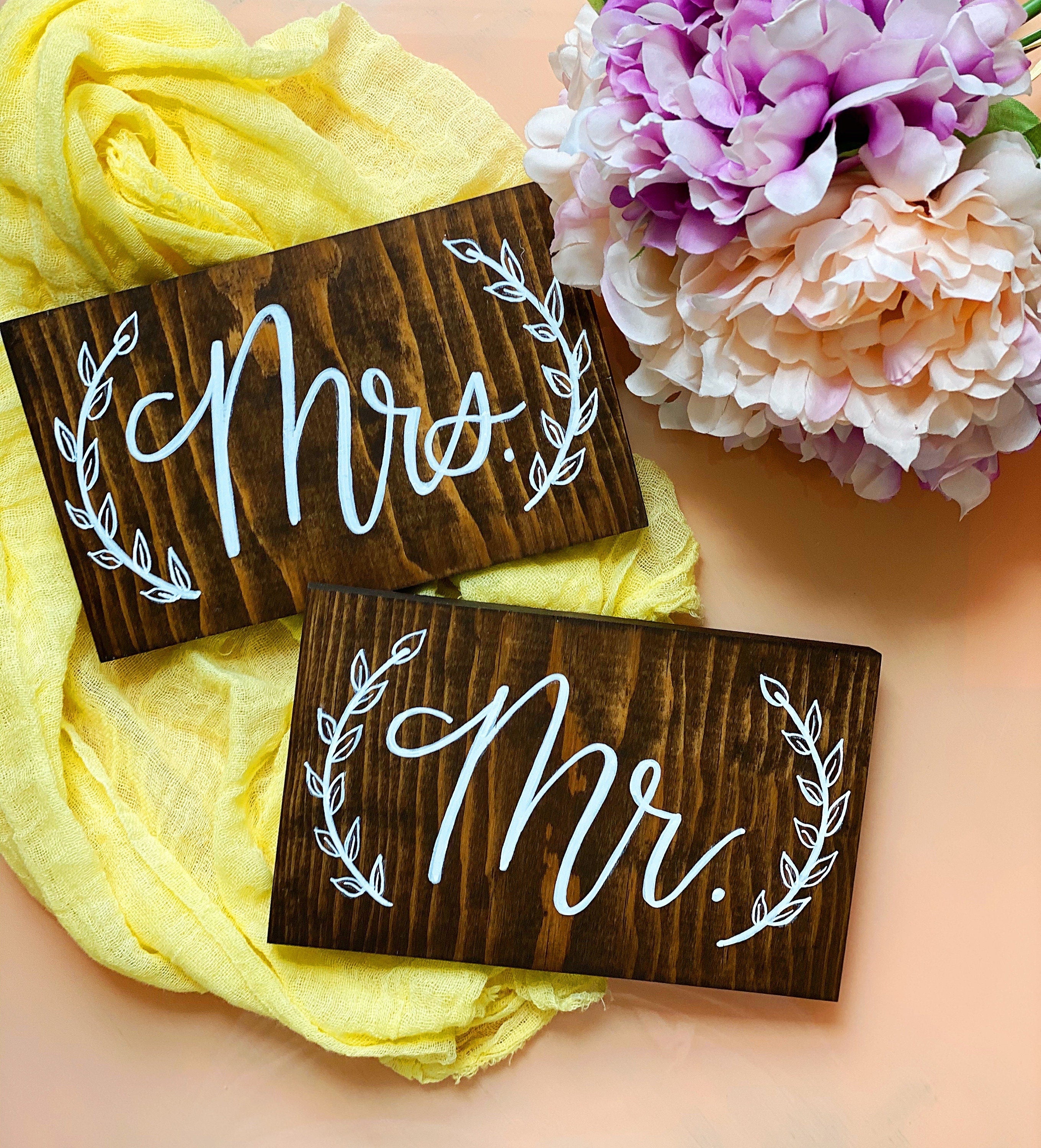 Rustic Wood and Golden Top Table Mr Mrs signs with stand, Country