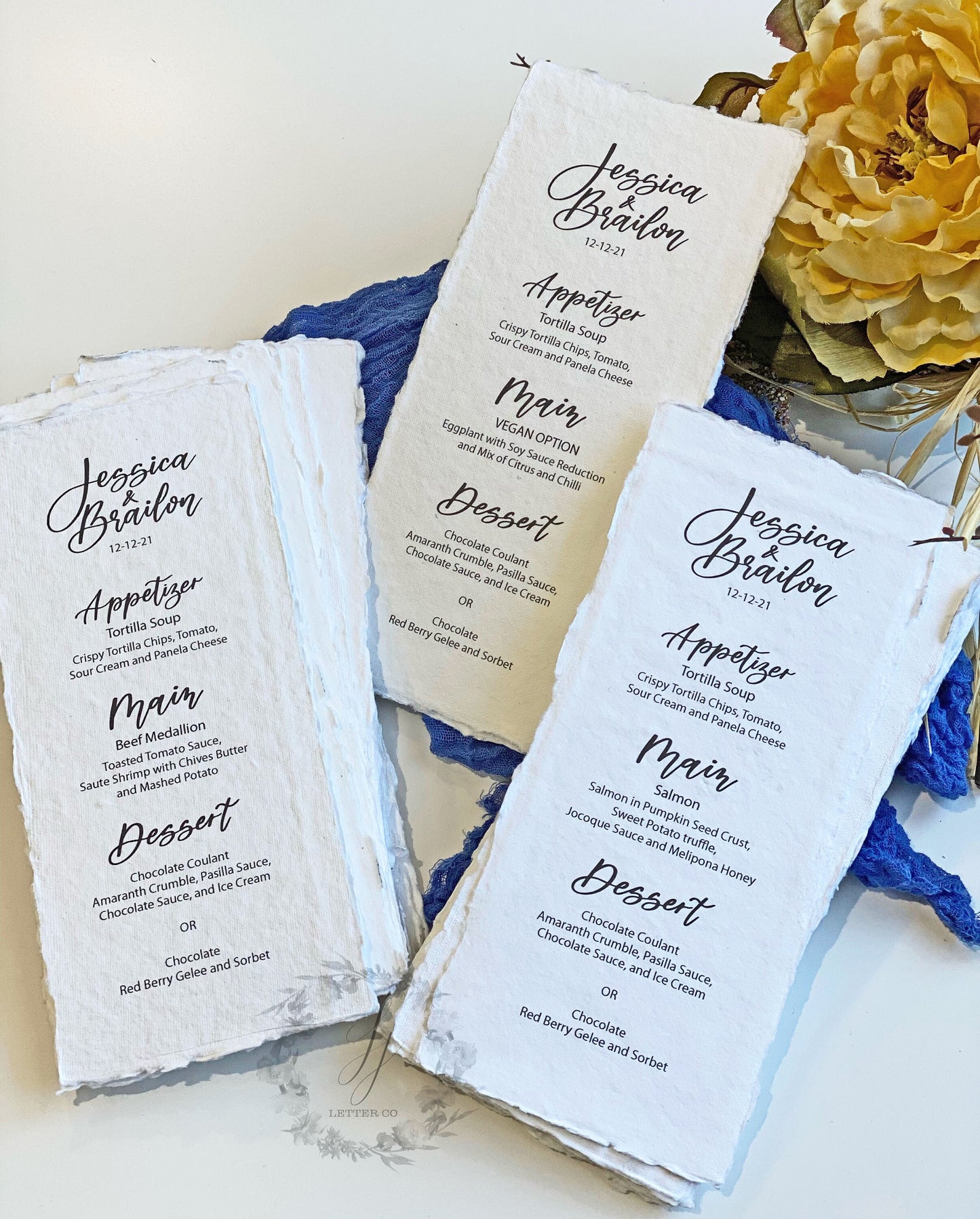 Deckled Edge Cotton Paper Wedding Menu Card | Cotton Rag Paper Gold Edge Accents